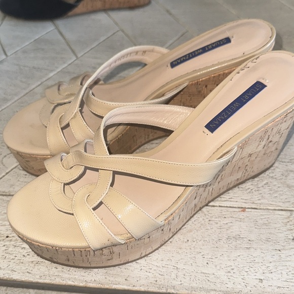 Stuart Weitzman Cadence Leather Platform Wedge Cork Sandals - Picture 3 of 7